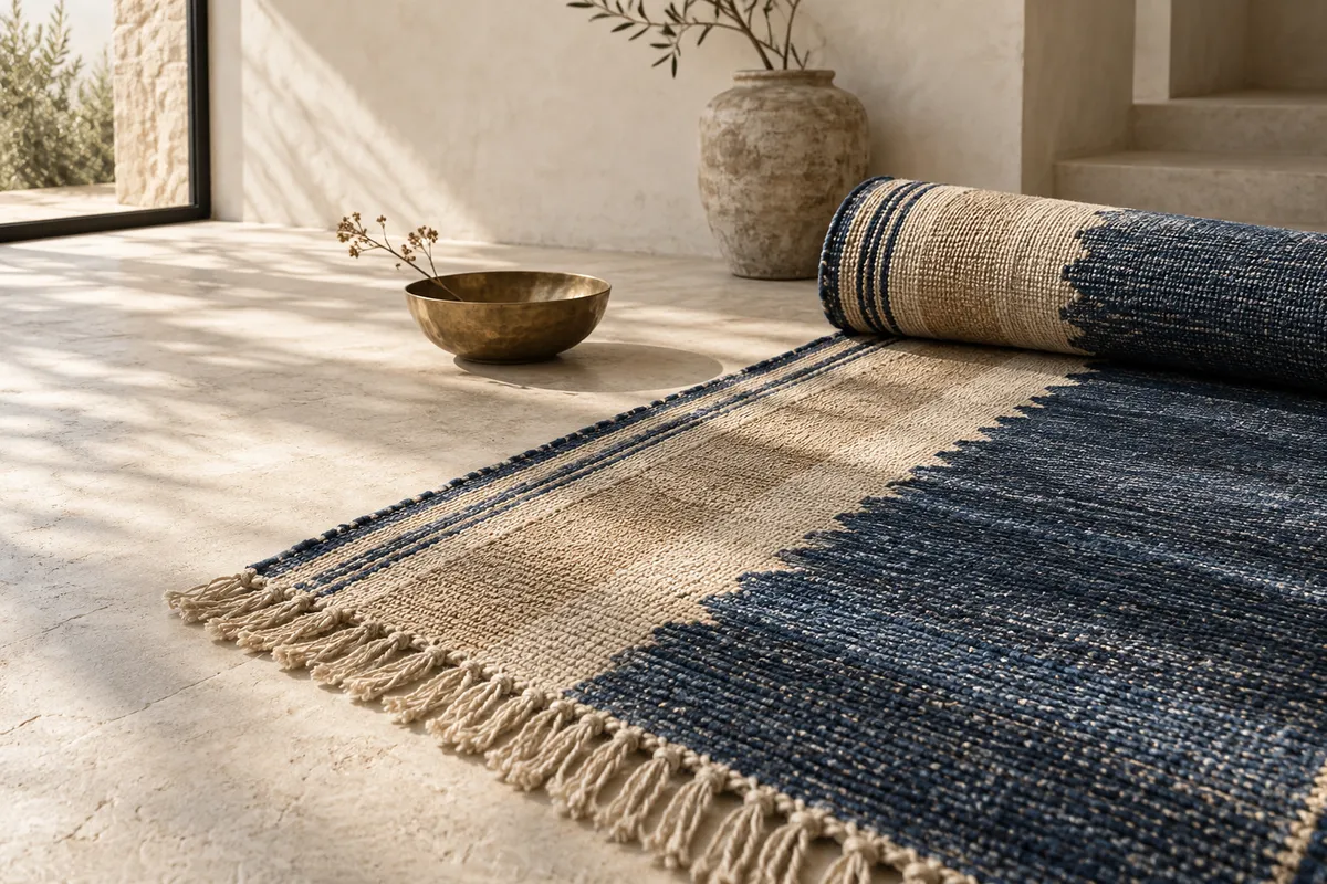 Rolled indigo and cream dhurrie in warm afternoon light
