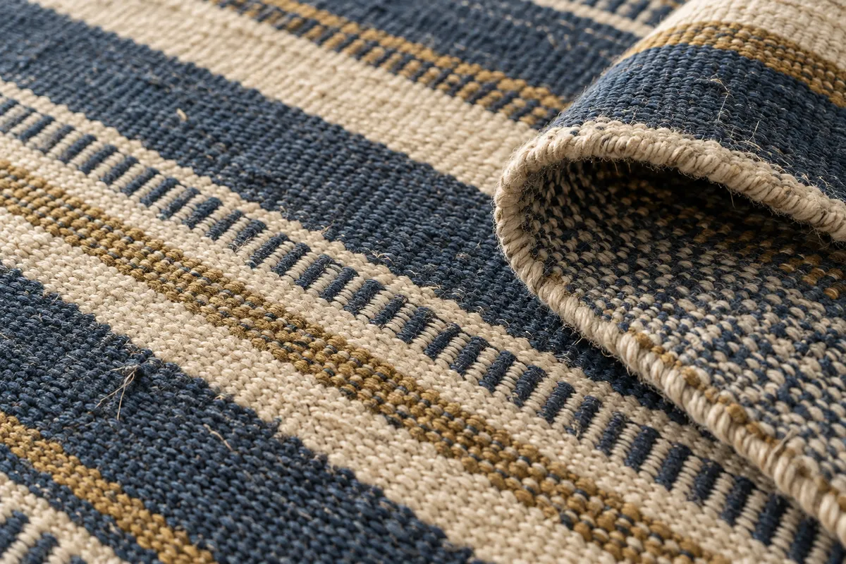 Close view of indigo, ivory and brass cotton threads in a rolled dhurrie